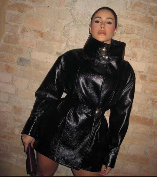 Over Faux Leather Belted Coat