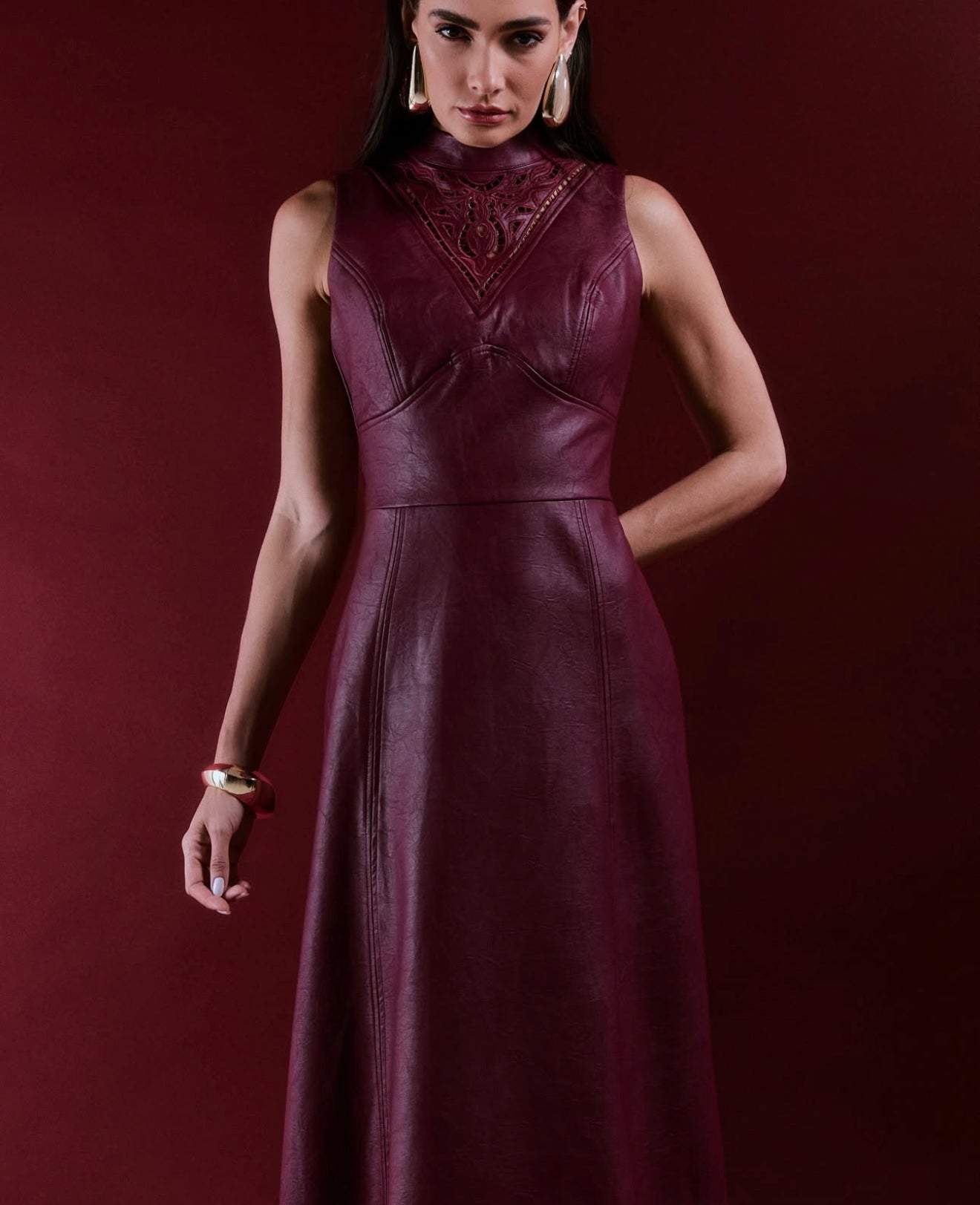 Embroidery Leather Long Dress