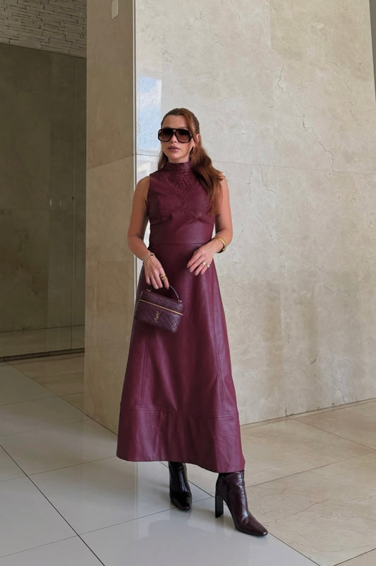 Embroidery Leather Long Dress