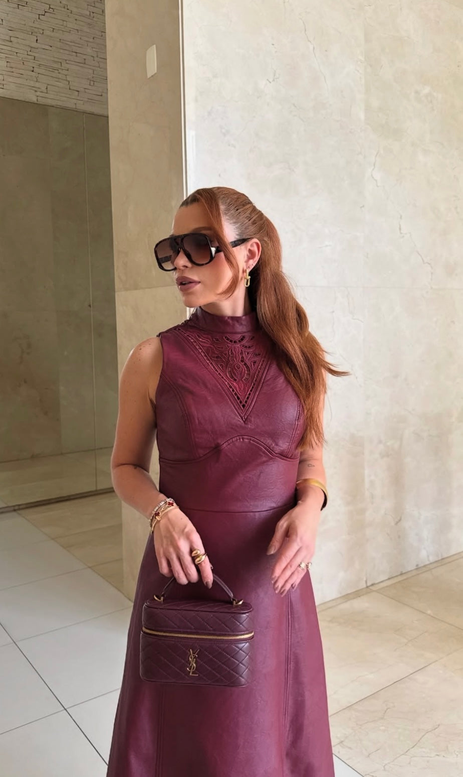 Embroidery Leather Long Dress