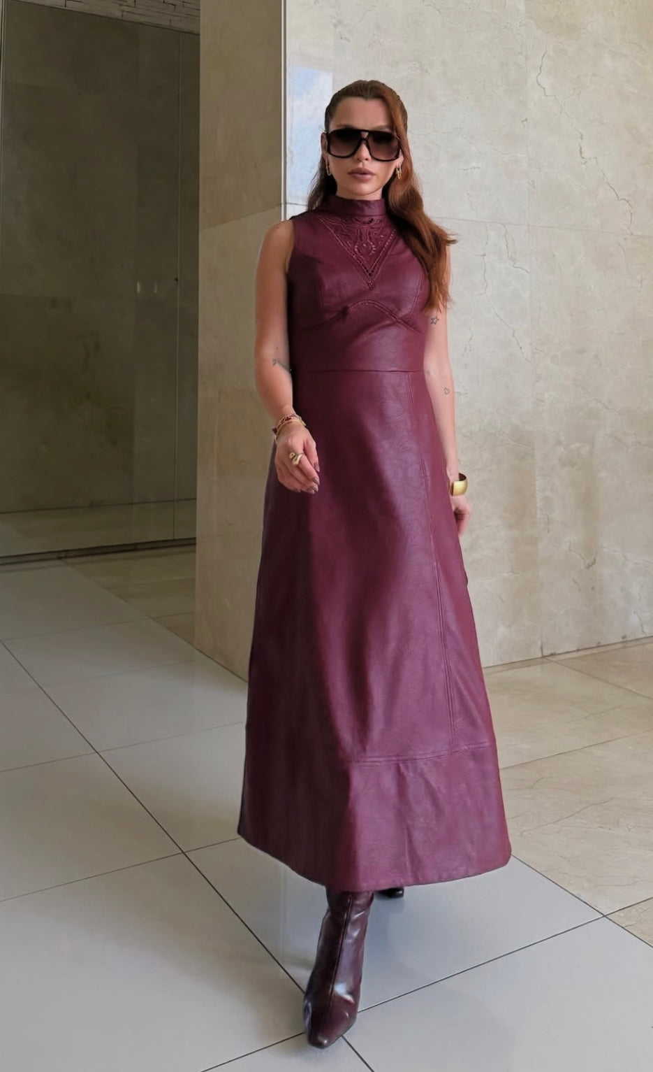 Embroidery Leather Long Dress