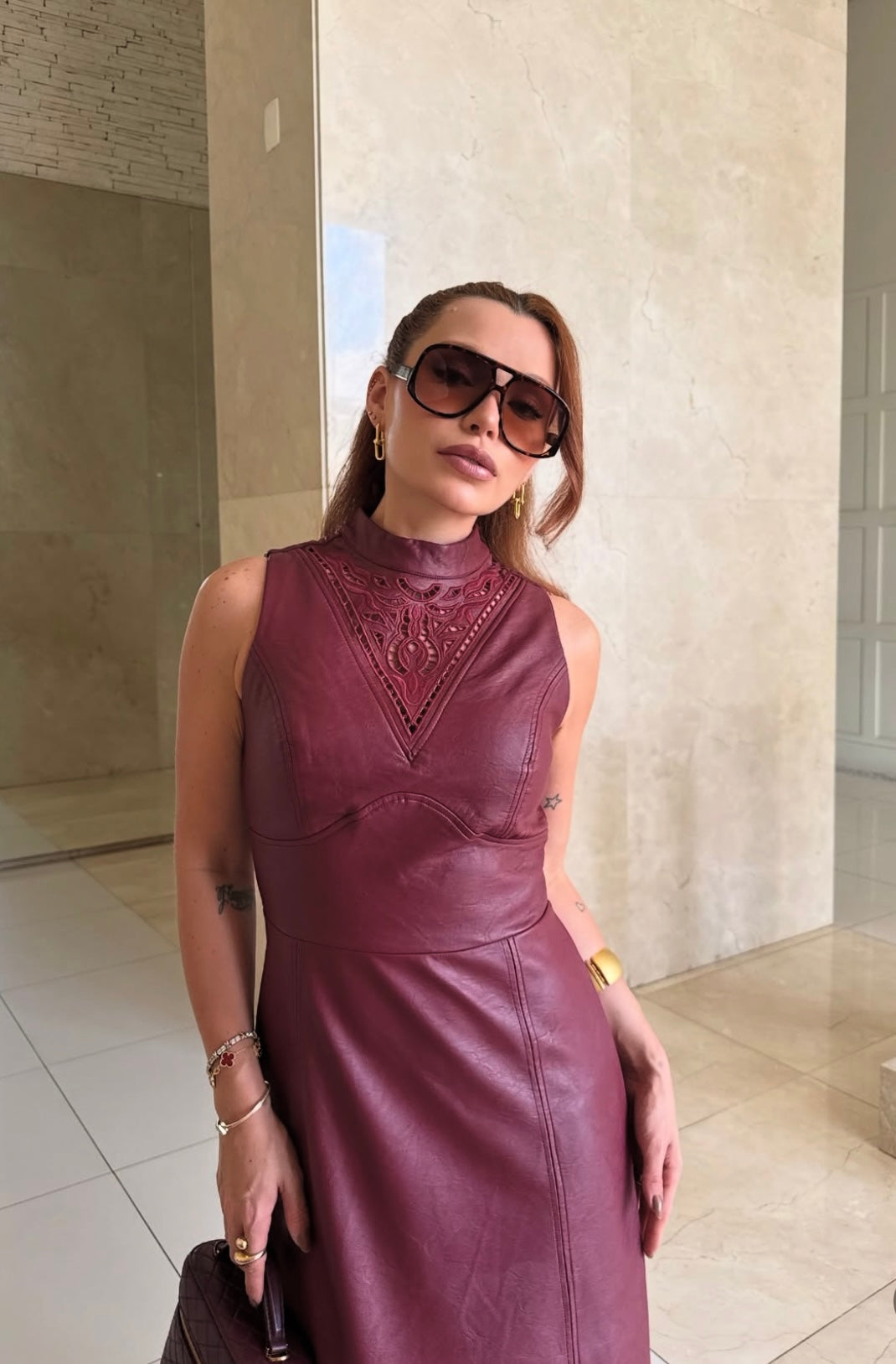 Embroidery Leather Long Dress