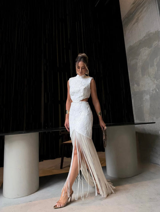 Lace Midi Dress W/Side Cutout