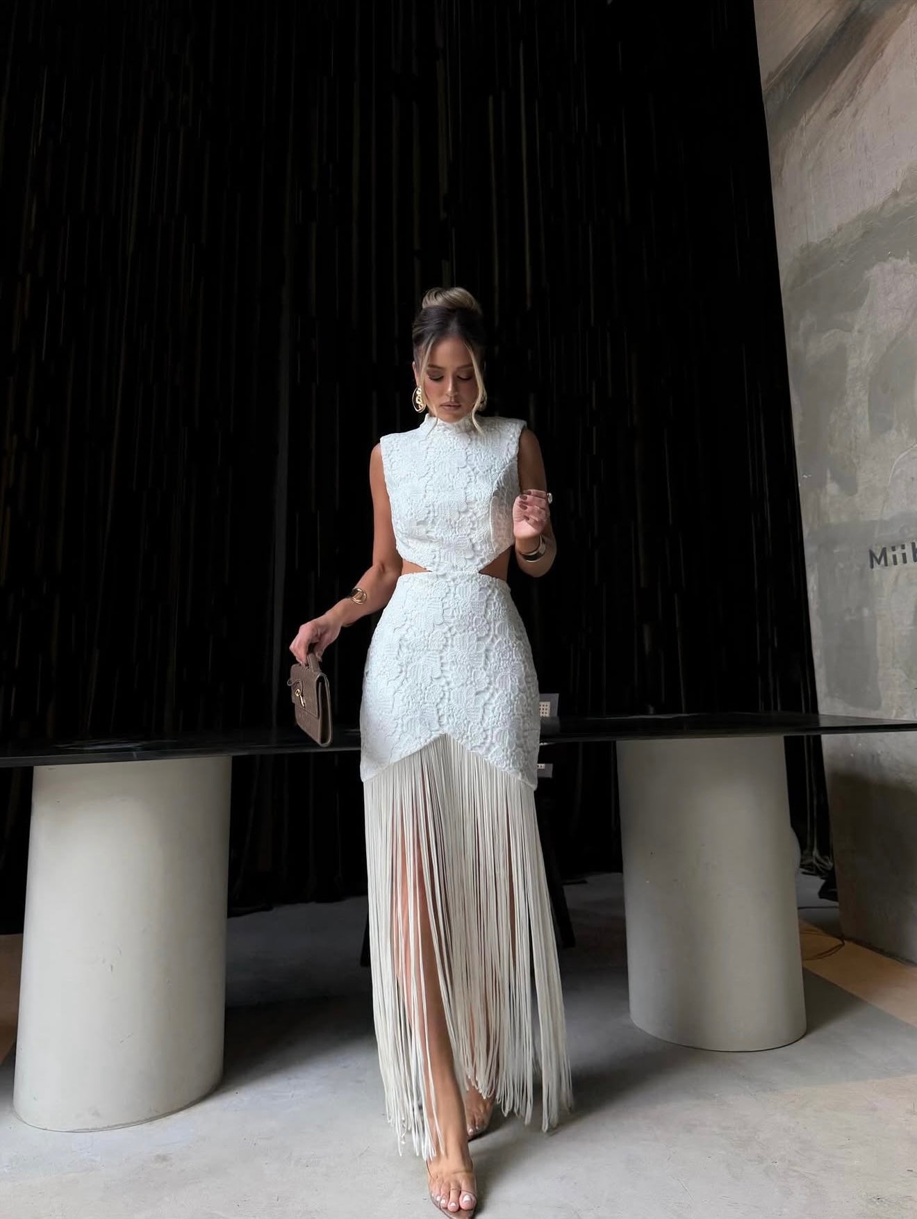 Lace Midi Dress W/Side Cutout