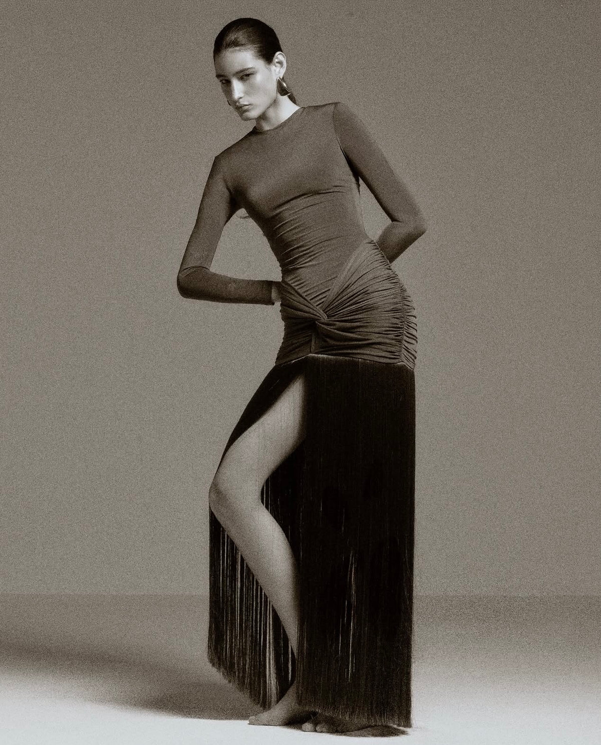Fringe Ruched Maxi Dress