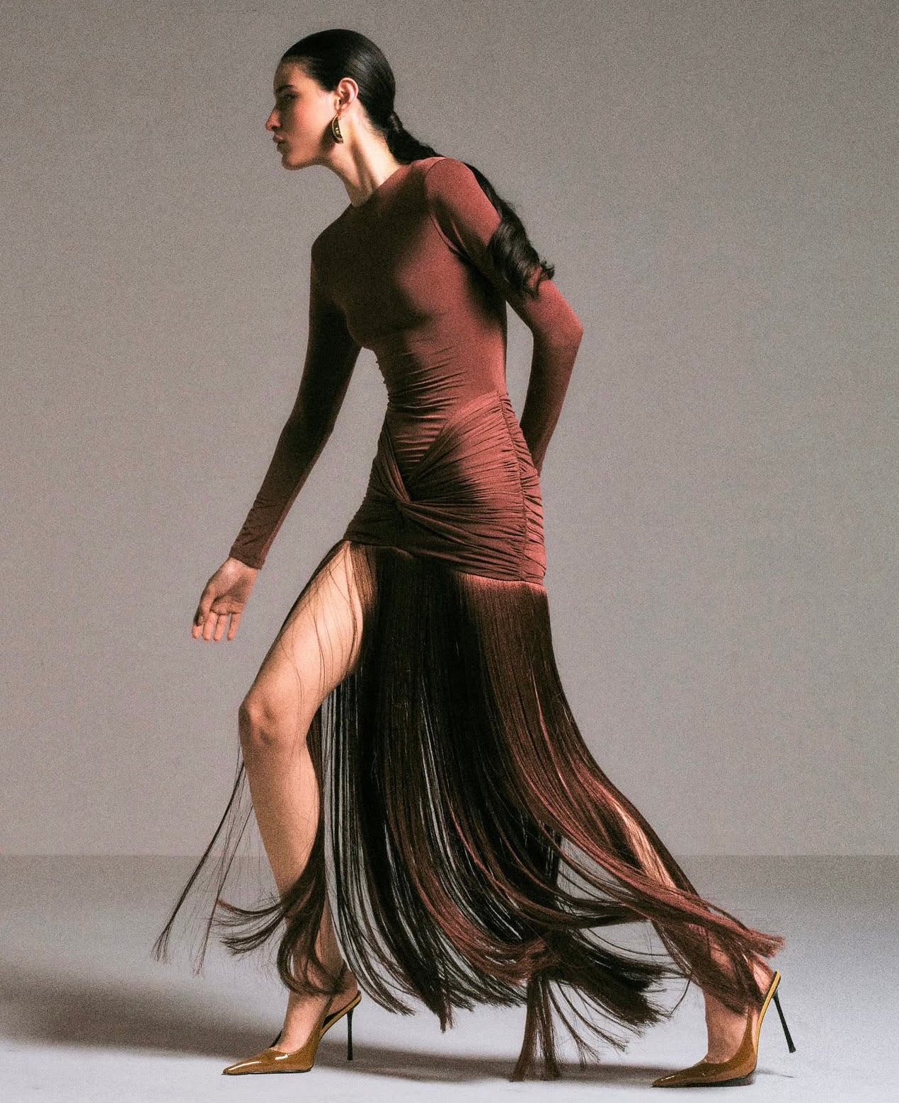 Fringe Ruched Maxi Dress