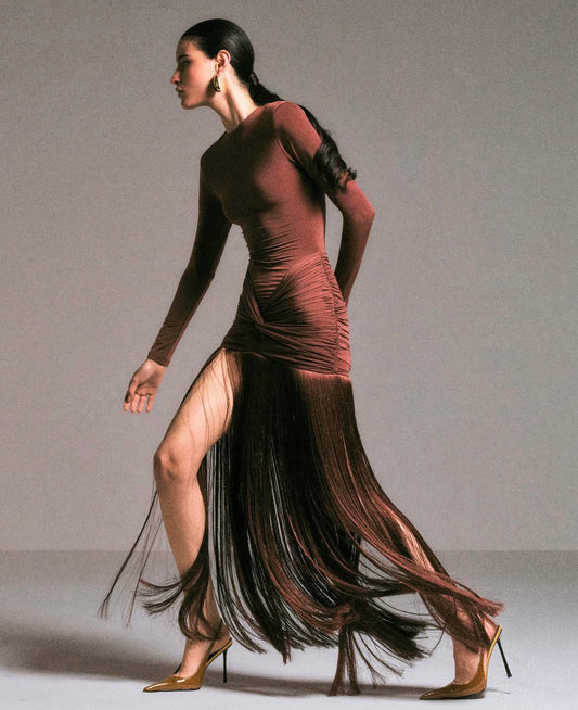 Fringe Ruched Maxi Dress