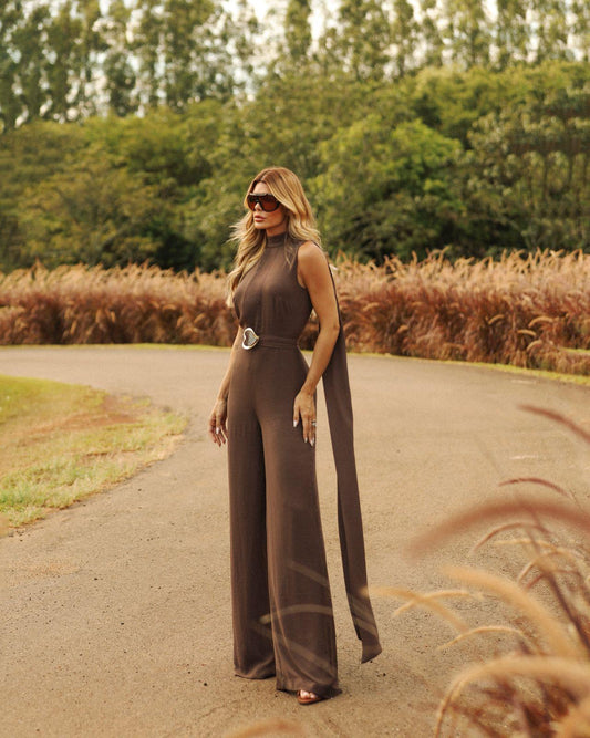 Pleated Front Crepe WideLeg Jumpsuit