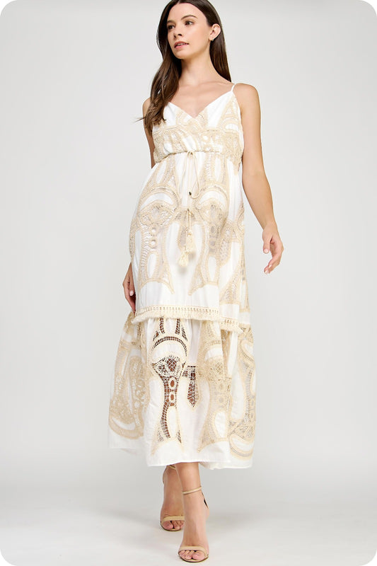 Straps and Natural Fiber Appliqué Midi Dress