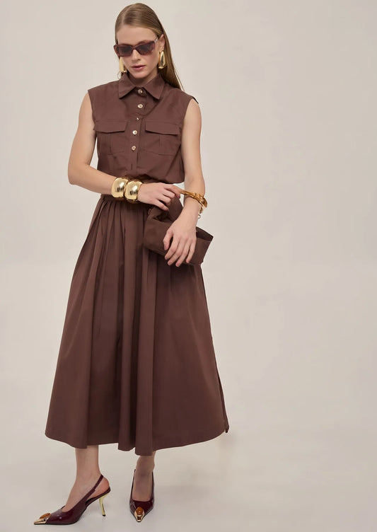Bolena Pleated Cotton Poplin Midi Skirt