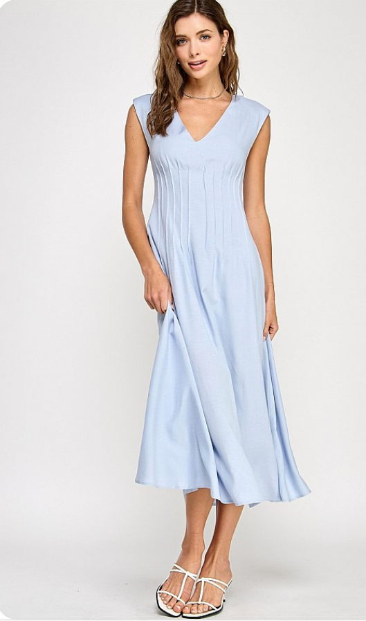 Pintuck V neck Long Dress
