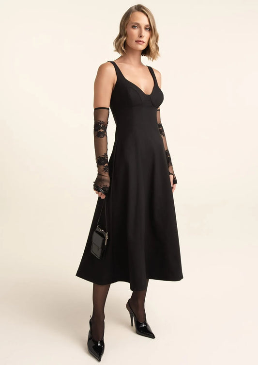 Erminia Structured Twill A-Line Midi Dress with Cape