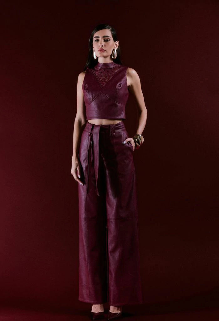Embroidered Leather Pant Set