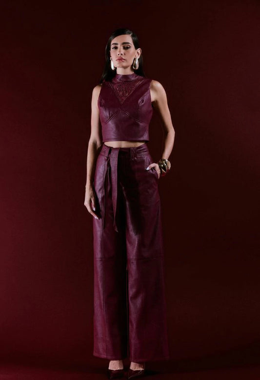 Embroidered Leather Pant Set