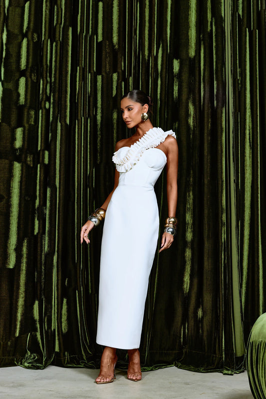 Sculptural Ruffle Midi Dress