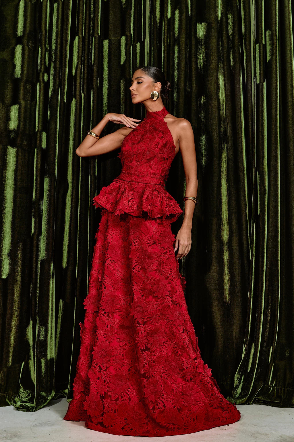 Embroidered Floral Halter Long Dress